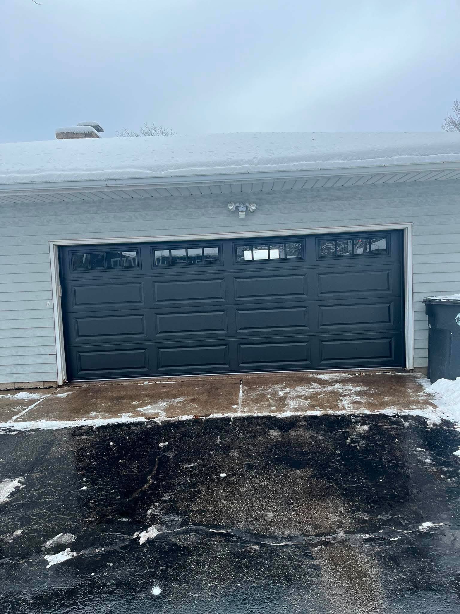 Black raised panel garage door with windows